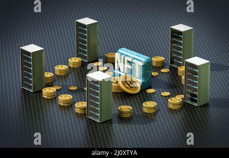 Crypto coins connecting data servers with NFT word at the center. 3D illustration. Stock Photo