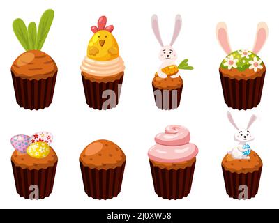 Set of Easter sweets cupcakes, eggs, bird, bunny, candies, cake. Collection sweet food Stock Vector