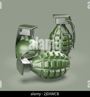 Hand grenades on green background Stock Photo