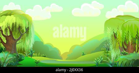 Mature willow trees. Beautiful summer landscape. Morning sky. Fun cartoon style. Cute nature scene. Vector Stock Vector