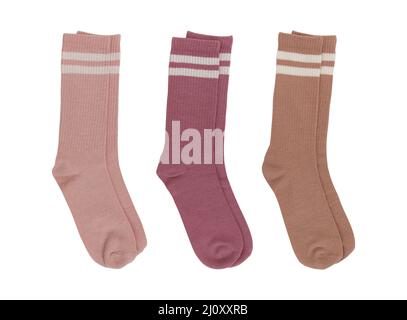 set of long socks pink and beige isolated on white background, top view Stock Photo
