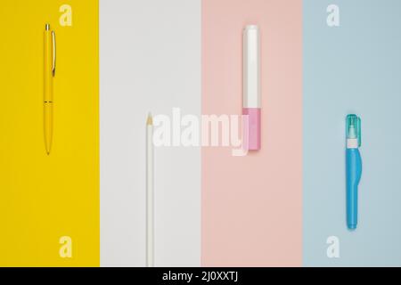 Top view different office pens. High quality photo Stock Photo