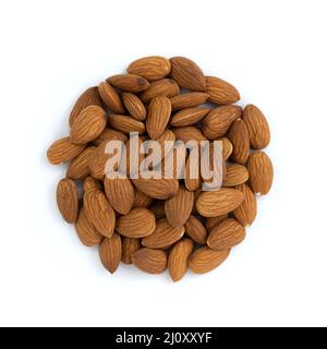 close up group of peeled almonds nuts isolated on white background, top view, healthy snack Stock Photo