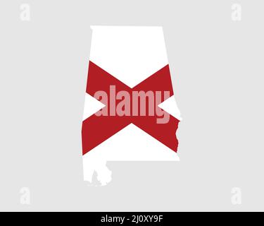 Alabama Map Flag. Map of Alabama, USA with the state flag of Alabama. United States, America, American, United States of America, US, AL banner. Vecto Stock Vector