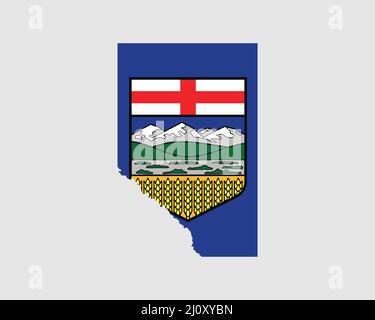 Alberta Map Flag. Map of Alberta, Canada with the territory flag of Alberta. Canadian province, AB. Vector illustration Banner. Stock Vector