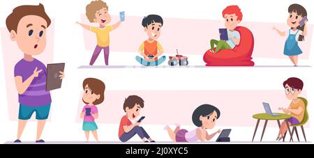 Smart kids with gadgets. Young teenager playing and studying using smartphones pc tablets and laptop addiction electronic devices exact vector cartoon Stock Vector