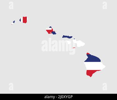 Hawaii Map Flag. Map Hawaii with the Hawaiian state flag. United States, America, American, United States of America, US State Banner. Vector illustra Stock Vector