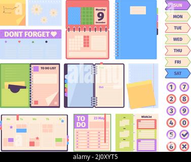 Planners top view. Daily diaries sketchbooks journals for travellers notebooks business notes garish vector pictures collection set Stock Vector