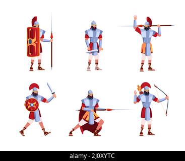 Rome army. Greek legion soldiers with weapons antique fighters from sparta ancients military romain characters garish vector colored warriors Stock Vector