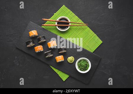 Top view sushi plating bamboo mat. High quality photo Stock Photo