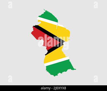 Guyana Map Flag. Map of the Co-operative Republic of Guyana with the Guyanese country banner. Vector Illustration. Stock Vector