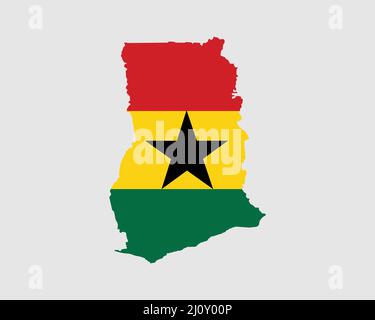 Ghana Map Flag. Map of the Republic of Ghana with the Ghanaian country banner. Vector Illustration. Stock Vector