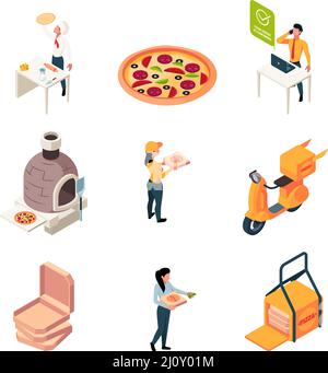 Pizza logistic. Food production and delivery service garish vector isometric pictures of pizza cooking Stock Vector