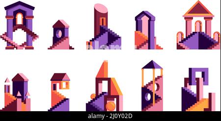 Maze houses. Multicolored flat geometrical abstract construction stylized buildings various cityscape garish vector pictures collection Stock Vector