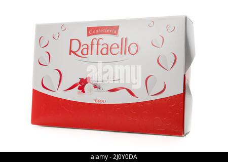 Rectangular box of Raffaello. Chocolate candies with almonds in coconut shavings isolated on white background. Russia, Krasnodar, February 18, 2022 Stock Photo