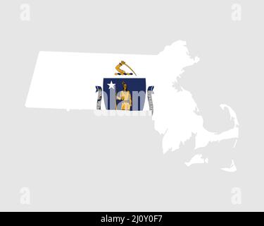 Massachusetts Map Flag. Map of MA, USA with the state flag. United States, America, American, United States of America, US State Banner. Vector illust Stock Vector