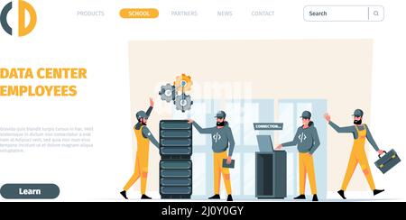 Data center landing. Servers engineers workers repairing industrial web servers garish vector web page template Stock Vector