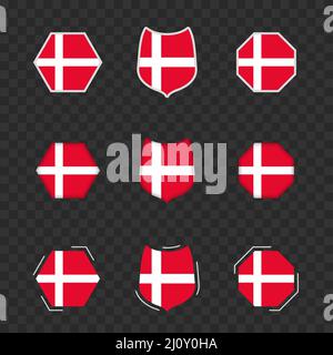 National symbols of Denmark on a dark transparent background, vector flags of Denmark. Vector illustration. Stock Vector