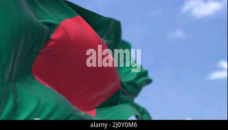 Detail of the national flag of Bangladesh waving in the wind on a clear day Stock Photo