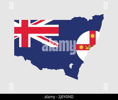 New South Wales Map Flag. Map of NSW with state flag. Australian State on the east coast of Australia. Vector illustration Banner. Stock Vector