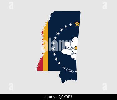 Mississippi Map Flag. Map of MS, USA with the state flag. United States, America, American, United States of America, US State Banner. Vector illustra Stock Vector