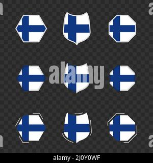 National symbols of Finland on a dark transparent background, vector flags of Finland. Vector illustration. Stock Vector