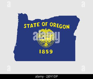 Oregon Map Flag. Map of OR, USA with the state flag. United States, America, American, United States of America, US State Banner. Vector illustration. Stock Vector