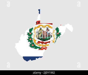 West Virginia Map Flag. Map of WV, USA with the state flag. United States, America, American, United States of America, US State Banner. Vector illust Stock Vector