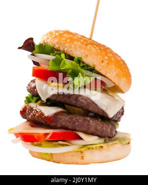 delicious double tasty hamburger with beef cutlet and vegetables Stock Photo