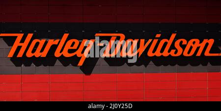 Minsk, Belarus, March 2022 - Harley Davidson logo on the wall of the store,  Inc. is an American motorcycle manufacturer. Stock Photo
