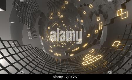 3D Rendering. Flight in abstract sci-fi tunnel. Futuristic motion graphics, high tech background. Time warp portal, lightspeed hyperspace concept. Glo Stock Photo