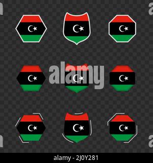 National symbols of Libya on a dark transparent background, vector flags of Libya. Vector illustration. Stock Vector