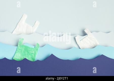 Top view paper ocean waves plastic bags. High quality photo Stock Photo