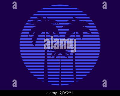Retro futuristic palm trees in 80s style at sunset. Summer time, palm trees on the background of the sun, synthwave style. Design for advertising broc Stock Vector
