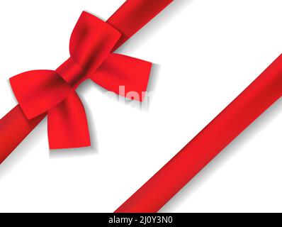 Shiny red satin ribbon on white background. Vector red bow and ribbon. Mothers day, Christmas gift, Valentines day, birthday wrapping element Stock Vector