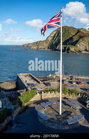 ILFRACOMBE, DEVON, UK - OCTOBER 19 : Union Jack flag at the entrance to the harbour at Ilfracombe in Devon on October 19, 2013. Stock Photo