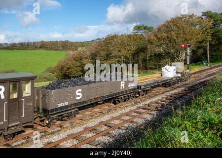 WOODY BAY, DEVON, UK - OCTOBER 19 : Coal wagon on the Lynton and Barnstaple Steam Railway line at Woody Bay Station in Devon on Stock Photo