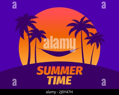 Hammock between palm trees at sunset. Summer time, beach vacation, Miami. Palm trees against a gradient sun. Design for advertising brochures, banners Stock Vector