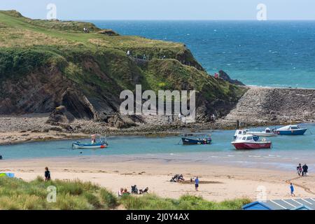 BUDE, CORNWALL, UK - AUGUST 15 :  Beach and harbour in Bude in Cornwall on August 15, 2013. Unidentified people Stock Photo