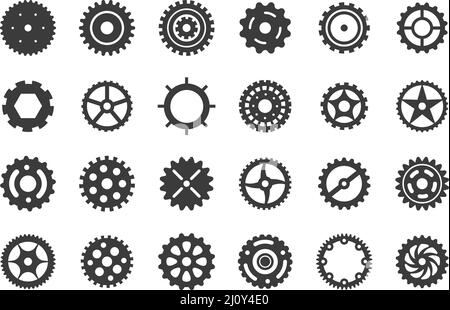 Cog gears elements. Mechanical cogs symbol, geometric machinery icons. Engineering wheels, abstract industrial cogwheel exact vector collection Stock Vector