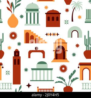 Flat architecture seamless pattern. Arches and stairs, contemporary east style buildings. Bohemian elements, plants and vases. Stylish fabric swanky Stock Vector