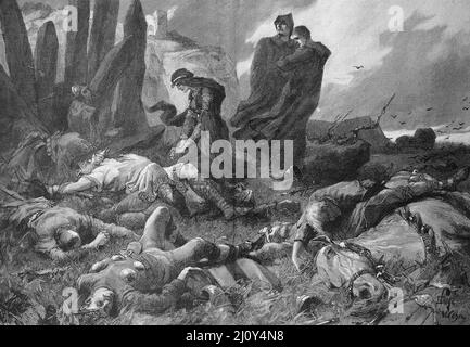 Edith Schwanenhals erkennt die Leiche von König Harald nach der Schlacht bei Hastings, Harald Godwinson, Harold, 1022 - 14. Oktober 1066, der letzte angelsächsische König vor der Eroberung Englands durch die Normannen, die Schlacht bei Hastings fand am 14. Oktober 1066 statt und war der erste militärische Erfolg der französischen Normannen bei der Eroberung Englands  /  last Anglo-Saxon king before the Norman conquest of England, the Battle of Hastings took place on October 14, 1066 and was the first military success of the French Normans in the conquest of England, Historisch, historical, dig Stock Photo