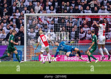 Amsterdam - Antony Matheus Dos Santos of Ajax scores the 3-2 during the match between Ajax v Feyenoord at Johan Cruijff ArenA on 20 March 2022 in Amst Stock Photo