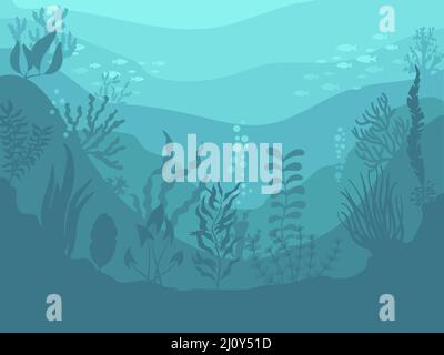 Underwater background with seaweed. Below water, ocean reef with seaweeds and fish silhouettes. Cartoon sea with algae, neat vector marine scene Stock Vector