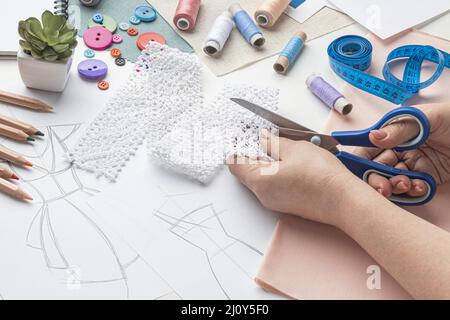 High angle sewing set fabric thread. High quality photo Stock Photo