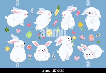 Cute easter bunny. Rabbits or bunnies on meadow with festive eggs and flowers. Sweet hare silhouettes, cartoon animals for child, neoteric folk vector Stock Vector