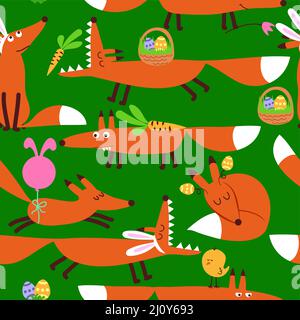 Fox pattern design with several foxes - funny handdrawn doodle, seamless pattern. Lettering poster or t-shirt textile graphic design. wallpaper, wrapp Stock Vector