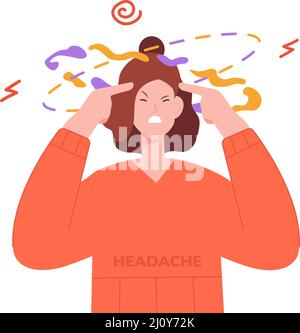 Woman dizziness. Woman drunk headache hangover, faint sick disorganized lady, tired face feel dizzy migraine, cartoon character vector illustration. Stress migraine headache Stock Vector