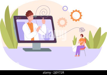 Online psychiatrist. Psychologist advice women consulting, virtual session psychology therapy, helping mental health, vector illustration. Advice psychologist and therapy psychiatrist Stock Vector