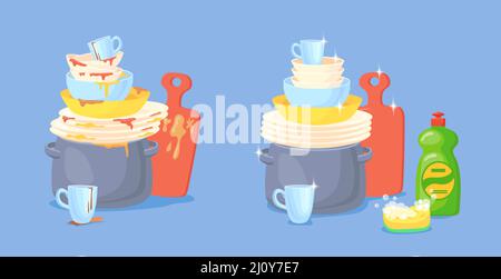 Clean and dirty dish. Dirt kitchen dishes, wash utensils grease soap sponge before cook food cleaned cup plate pot after water washing stains, flat cartoon neat vector illustration Stock Vector